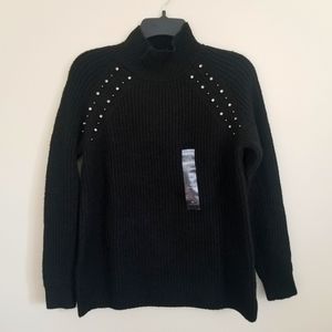 Black Knitted Turtle Neck Long Sleeve Sweater with rhinestones